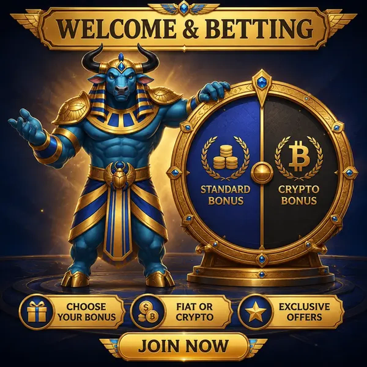 Toro guardián de la arena ofreciendo opciones de apuestas deportivas en la rueda dorada de AmunRa Sportsbook