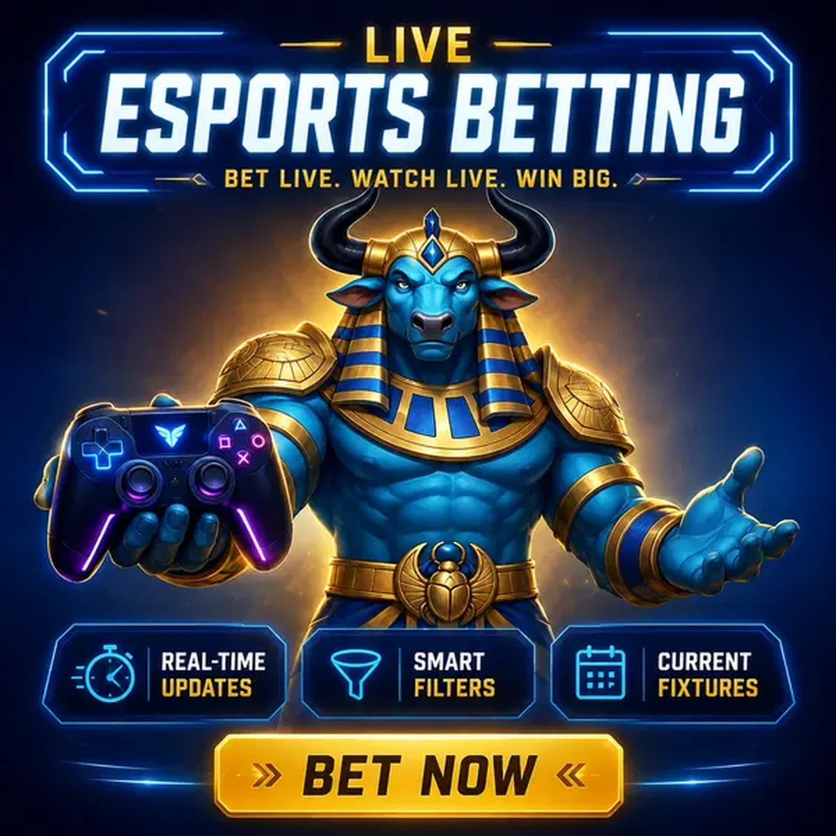 Arena de apuestas de esports de AmunRa con toro presentando mando de juego brillante para partidos en vivo