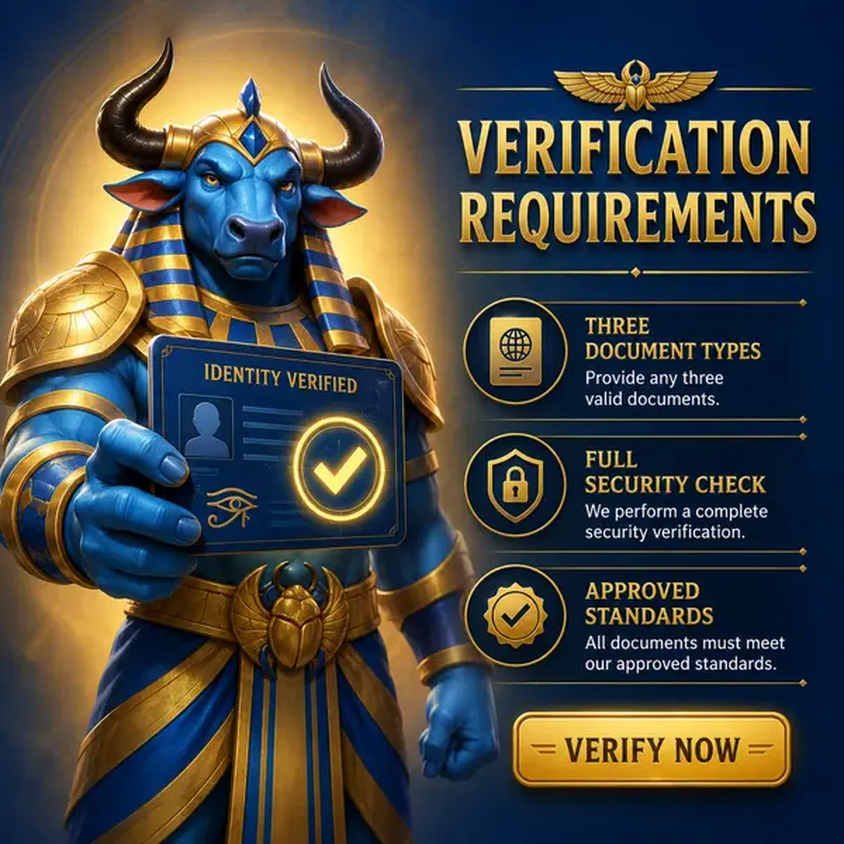 El poderoso personaje toro de AmunRa sosteniendo documentos de identificación mientras verifica la identidad del jugador
