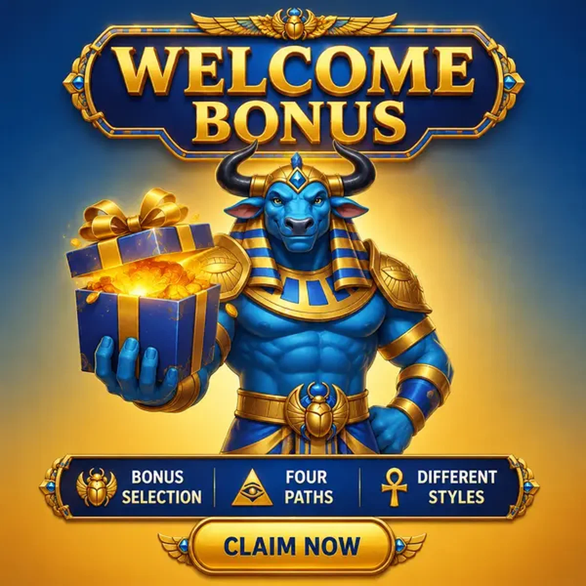 Presentador del bono de bienvenida del Casino AmunRa con caja de regalo en gradiente azul y dorado