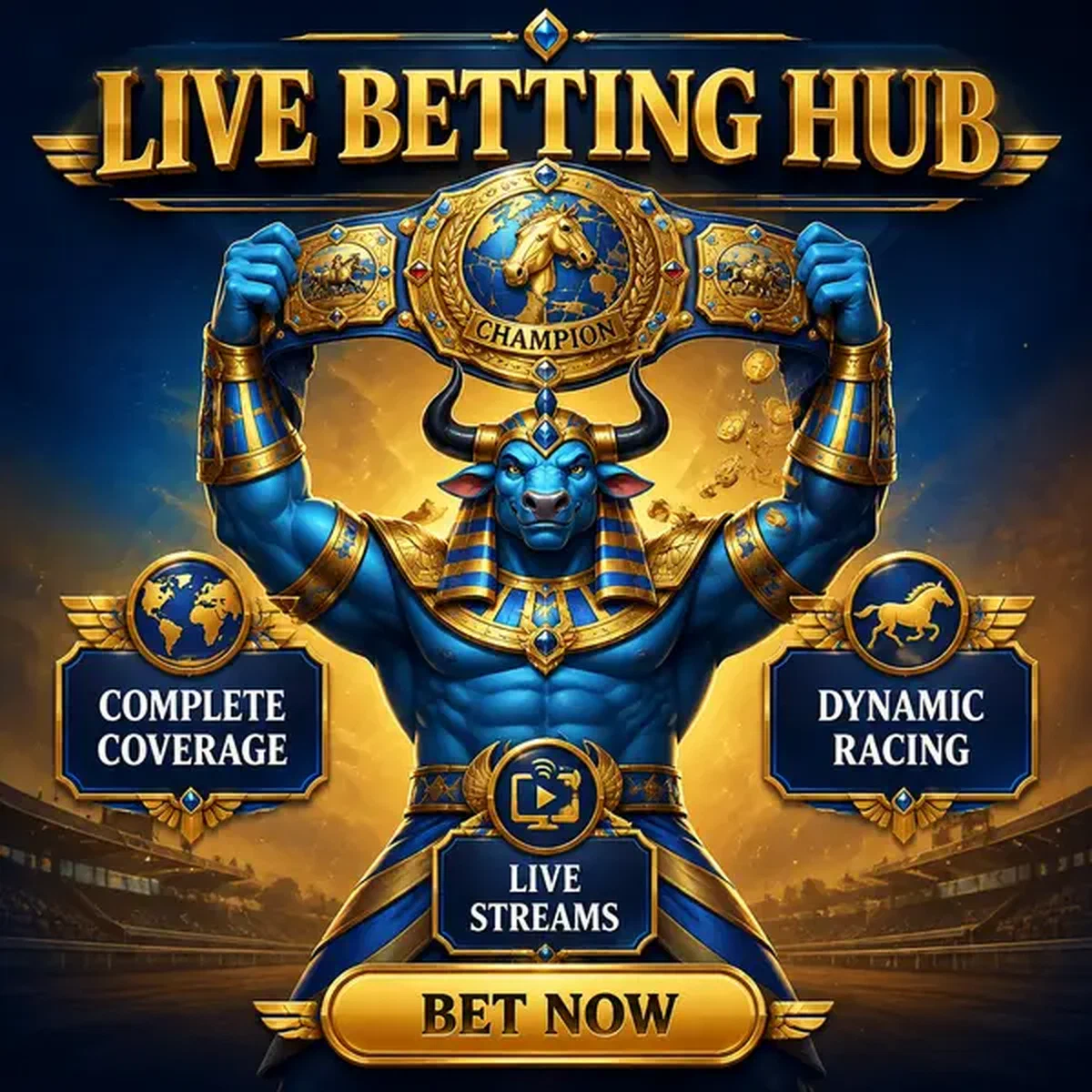 Toro guardián de la arena sosteniendo cinturón de campeonato en el centro de apuestas deportivas Live Betting y Racing Hub