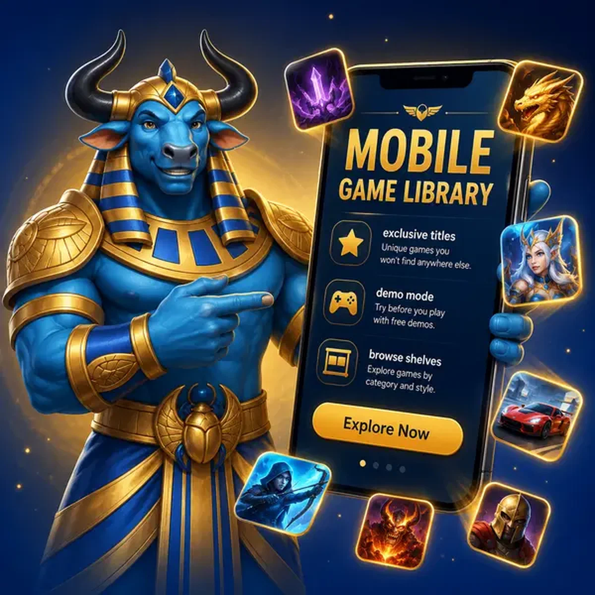 Toro antropomórfico mostrando biblioteca de juegos de aplicación móvil en smartphone en Biblioteca de juegos móvil y experiencia de lobby