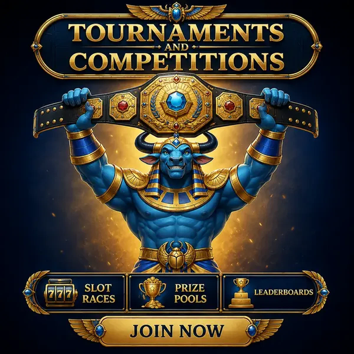 Toro campeón triunfante mostrando cinturón de victoria de torneo en la arena de competiciones de AmunRa